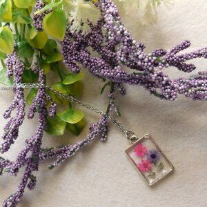 Dried Pink & Purple Flower Pendant Necklace - Resin Bezel, Silver-Tone Chain